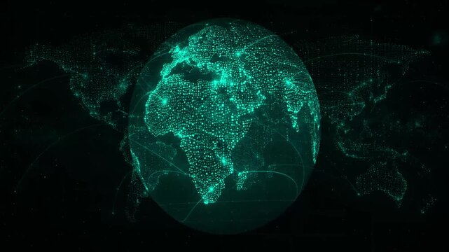 Digital 3D wireframe render of a rotating planet Earth illuminated with vibrant multicolor neon node clusters interconnected by glowing arc communication routes, against a dark space background .