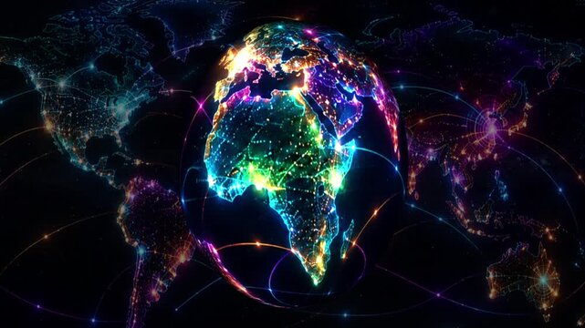 Digital 3D wireframe render of a rotating planet Earth illuminated with vibrant multicolor neon node clusters interconnected by glowing arc communication routes, against a dark space background .