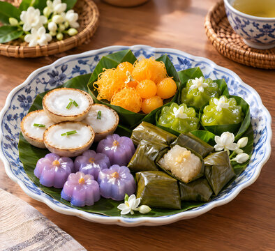 Traditional Thai dessert sampler platter with colorful sweet snacks⁠