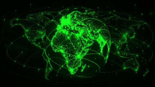 Digital 3D wireframe render of a rotating planet Earth illuminated with vibrant multicolor neon node clusters interconnected by glowing arc communication routes, against a dark space background .