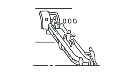 Obraz premium Creative Black and White Line Drawing of People Using Escalator with Mobile Phone Signal Indicators