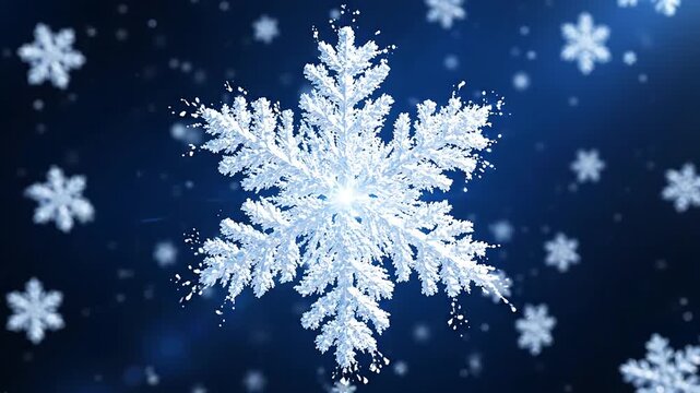 Animated Snowflakes Gently Falling Against a Dark Blue Background with Bokeh Lights. Winter Holiday Looping Footage.