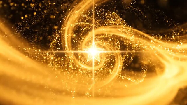 Golden Light Trails Swirling and Looping in a Dynamic Motion Graphics Animation. Abstract Energy Flow and Sparkling Particle Effects.