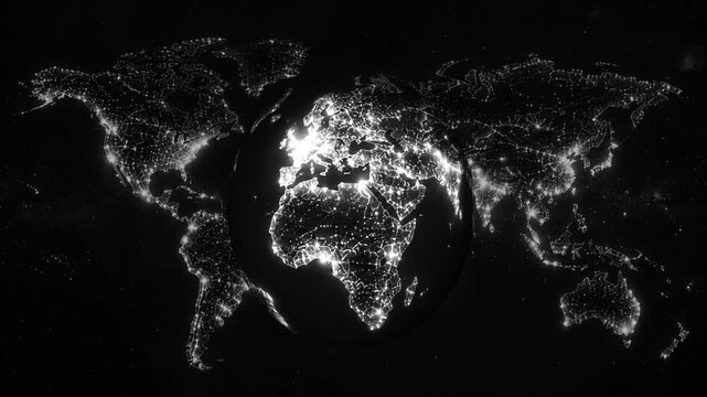 Digital 3D wireframe render of a rotating planet Earth illuminated with vibrant multicolor neon node clusters interconnected by glowing arc communication routes, against a dark space background .
