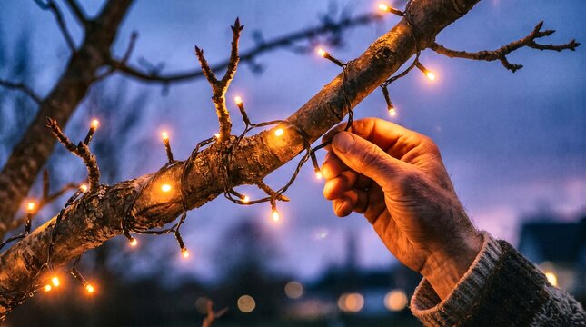Hand wrapping Christmas string lights around tree branch at dusk