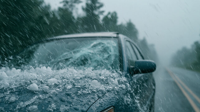Hail storm striking vehicle hood with heavy ice pellets during dangerous weather event on rural road for insurance claim.