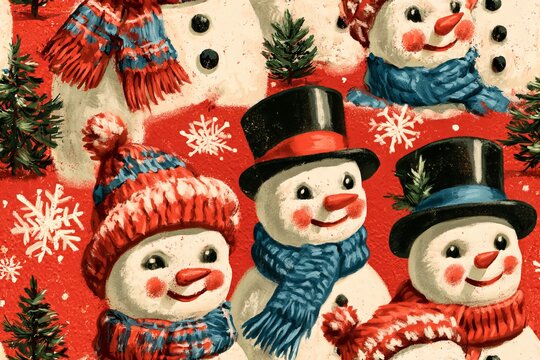 Seamless retro Christmas pattern with cheerful snowmen in colorful scarves and hats, snowflakes and tiny evergreen trees, cherry red, icy blue, pine green and cream, vintage storybook illustration