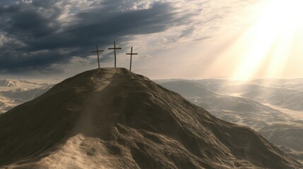 Obraz premium Three wooden crosses standing atop barren hilltop, dramatic sunlight breaking through stormy sky clouds