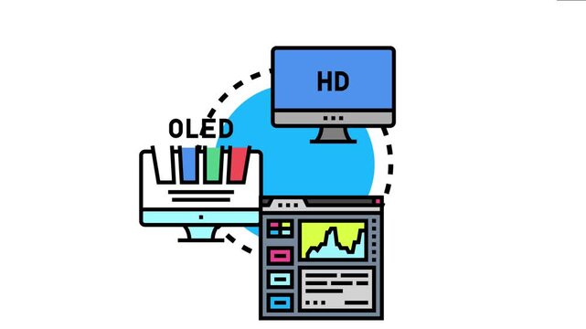 Computer display technologies like hd and oled integrating with data analysis and digital interface elements, visualizing modern screen functionality and innovative content presentation