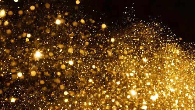 Golden Glitter Particles Exploding and Scattering Upwards in a Looping Animation. Dynamic Shimmering Gold Dust Effect.
