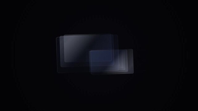 A pair of glowing rectangular panels floats within the dark void, creating a subtle sense of depth while light reflects across the transparent surfaces to suggest a digital interface experience