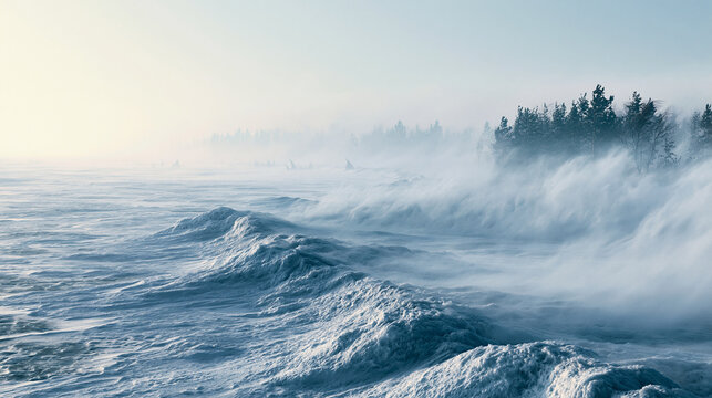 Heavy snowstorm blowing over icy waves at winter seaside with pine forest edge for environmental and weather concepts.