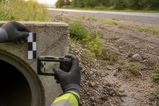 Road culvert inspection hands documenting a fine crack with a scale card