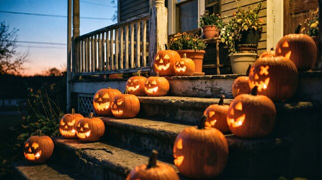 Carved glowing pumpkins decorating porch stairs at twilight on Hallowe