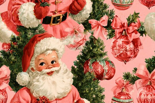 Seamless retro Christmas pattern with vintage Santa, glass ornaments, bows and miniature trees in dusty rose, burgundy, sage and cream watercolor hues