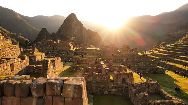 Machu Picchu Ruins Gradually Reveal Themselves in a Cinematic Time-Lapse, Bathed in Golden Sunlight and Lens Flares.