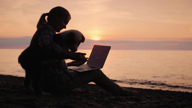 Woman sitting on beach with puppy using laptop during golden sunset hours.