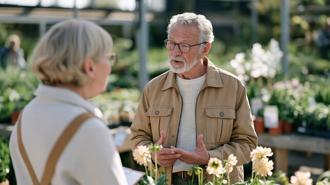 A retiree and his wife in a garden center arguing over plant choices, trivial disagreement revealing deeper tension, retirement couple conflict, lifestyle mismatch after