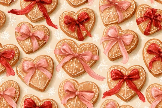 Romantic Christmas pattern with heart shaped gingerbread cookies, delicate icing and flowing ribbon bows in watercolor gouache, dusty rose and cranberry palette