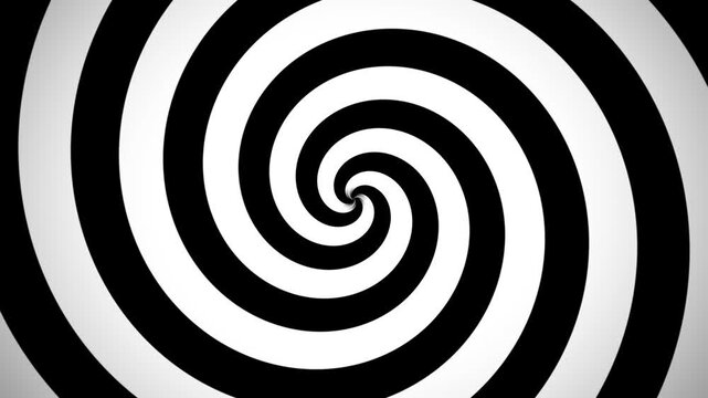 Hypnotic spiral optical illusion background, black and white swirling hypnosis pattern, monochrome op art motion animation for background visual