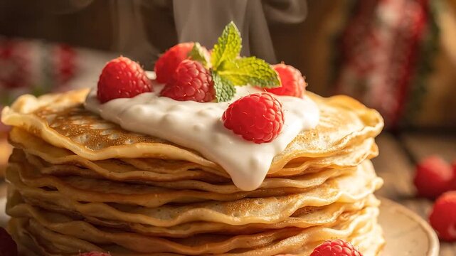 Pancakes with Raspberries and Cream Slowly Rotating on a Wooden Table, Showcasing a Delicious Breakfast Concept.