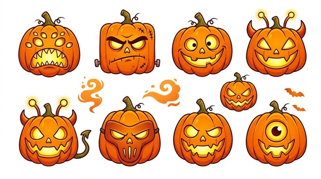 Spooky cartoon pumpkin faces featuring glowing eyes and wicked smiles arranged in a vibrant vector illustration set for scary autumn festival celebrations