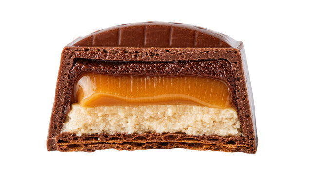 Cross section of a layered chocolate bar with caramel and nougat, isolated on transparent background