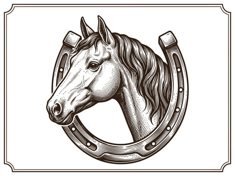 Vintage horse head engraving with lucky horseshoe, classic equestrian emblem vector, western style stallion portrait for ranch branding