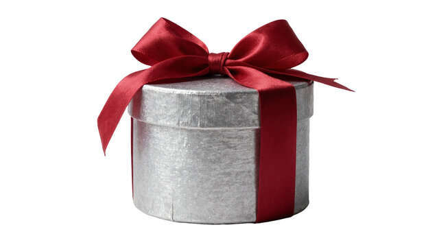 Silver round gift box with red satin ribbon and bow, isolated on transparent background