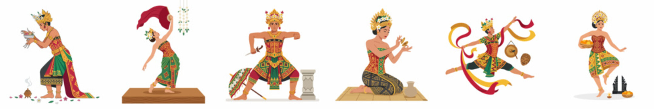 Vector illustrations of traditional Balinese dancers performing different cultural dances, showcasing elaborate costumes and accessories from Indonesia.