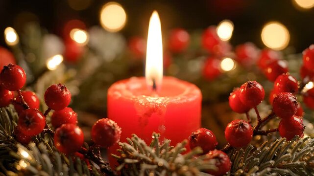 Candles Flickering Amidst Vibrant Red Berries and Lush Greenery, Creating a Warm, Festive Holiday Ambiance. Gentle Motion, Looping Animation.
