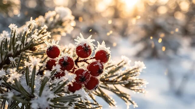 Winter Berries Branch Gently Swaying in a Snowy Forest, Showcasing a Subtle, Looping Animation of Frost and Light.