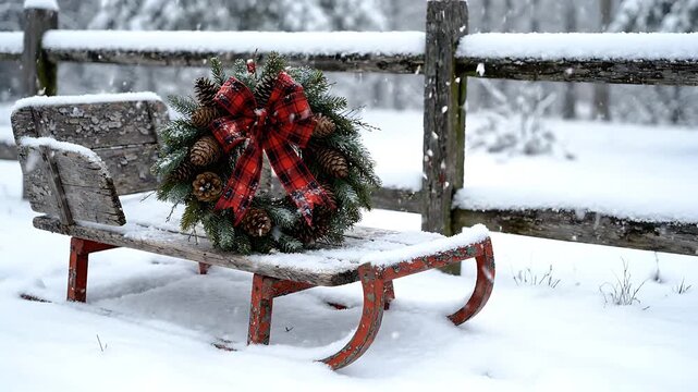 Wreaths on Benches Slowly Rotate in a Snowy Winter Landscape. Festive Holiday Scene with Gentle Motion and Falling Snow.