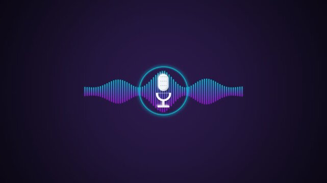 Abstract digital voice waveform with a microphone icon representing audio technology and communication.