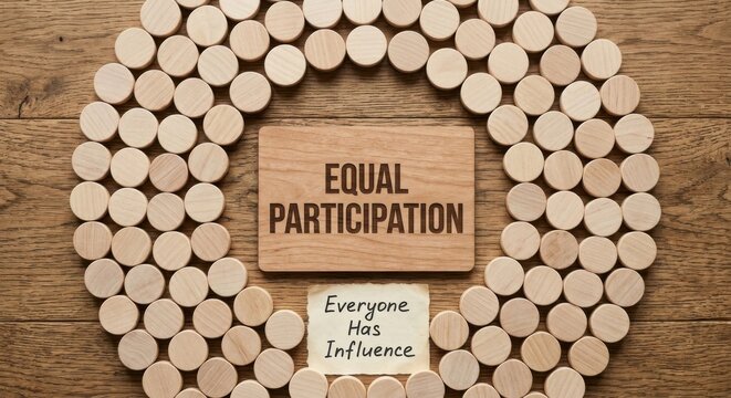 Equal Participation And Influence With Wooden Tokens On Wood Surface