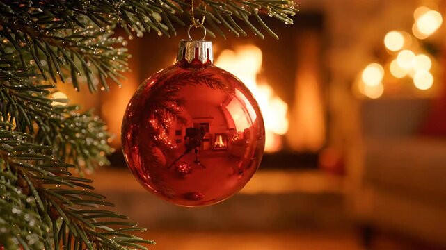 Red Christmas Ornament Gently Swinging on a Fir Tree Branch, Bokeh Lights in Background. Festive Holiday Decoration Looping Footage.