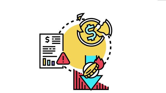 Economic collapse with a broken dollar coin, burning money, a warning symbol, and a downward trend on a bar graph representing financial decline