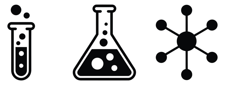 Chemistry science lab equipment icon set featuring chemical test tube, erlenmeyer flask, and molecular structure node symbol in solid black and bold outline vector illustration isolated