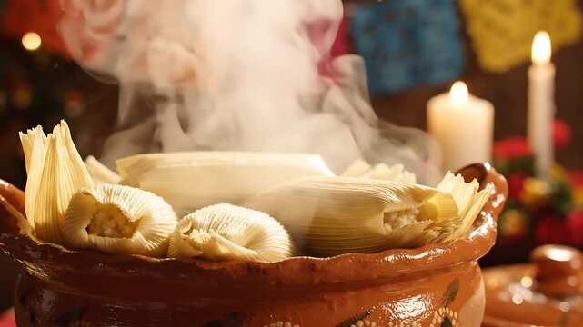 Steaming Hot Pot with Vegetables and Meat Slowly Rising in Smoke, Illuminated by Flickering Candlelight. Warm, Cozy, and Inviting Culinary Footage.