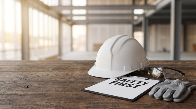 White hard hat, safety glasses, and gloves with a Safety First clipboard on a wooden table