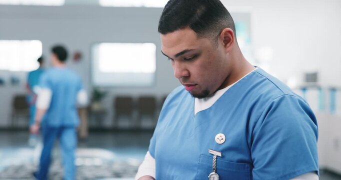 Nurse, man and tablet in clinic for healthcare report, diagnostic review and order blood test. Medical staff, person and typing on tech for pathology results, schedule follow up and care plan update