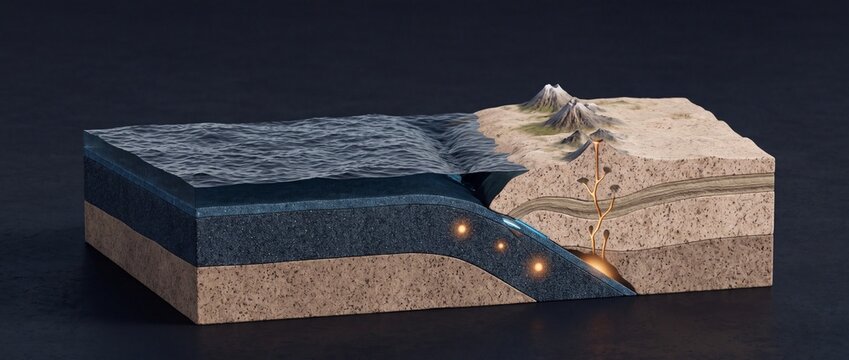 3D cross section diagram showing tectonic plate subduction with oceanic crust sinking under continental crust and active volcanic arc formation