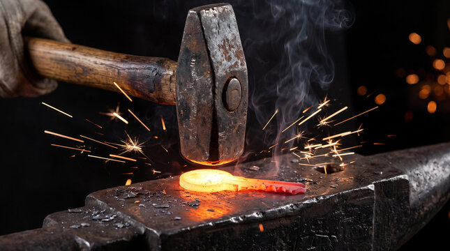 Hammer striking glowing hot metal on an anvil with flying sparks, capturing blacksmithing in action