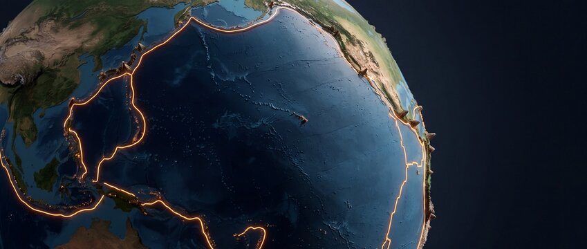 3D rendering of planet Earth highlighting the Pacific Ring of Fire tectonic plate boundaries with glowing fault lines and elevated volcanic mountain terrain