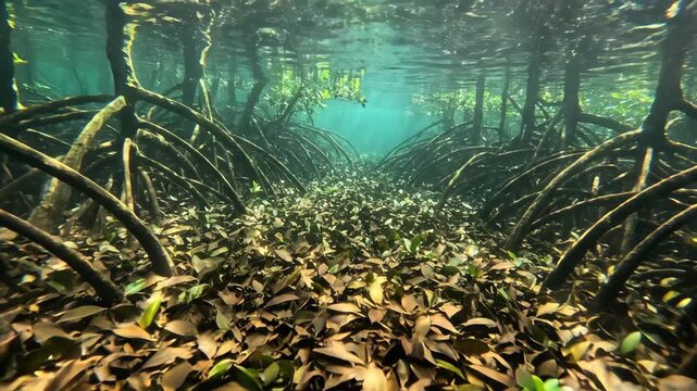 Flooded mangrove corridor opens between tangled prop roots above a leaf-covered bottom, where mirrored surface light and soft turquoise rays reveal the secluded tropical wetland passage at low tide