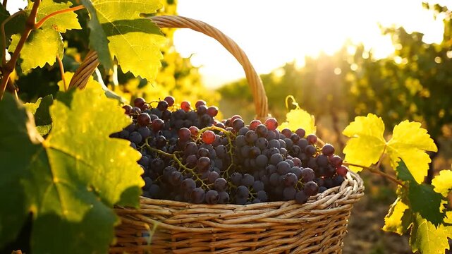Grapes in Baskets Gently Swaying on Vines, Bathed in Warm Golden Sunlight, Showcasing a Slow, Looping Vineyard Harvest.