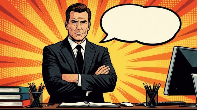 Pop art illustration of serious businessman with crossed arms at office desk. Retro comic style executive in suit with empty speech bubble. Corporate leader planning strategy, making decisions.