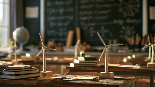 Classroom setup with miniature wind turbine models on desks near books and notepads. Chalkboard in background displaying energy-related equations and diagrams along with instructional tools 