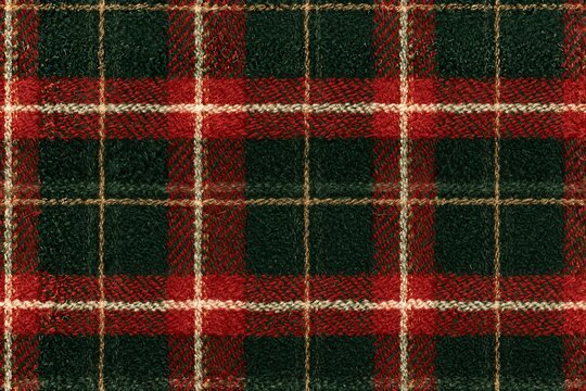 Seamless Christmas tartan pattern in evergreen, cranberry red and warm cream with antique gold pinstripes, woven wool texture for holiday background