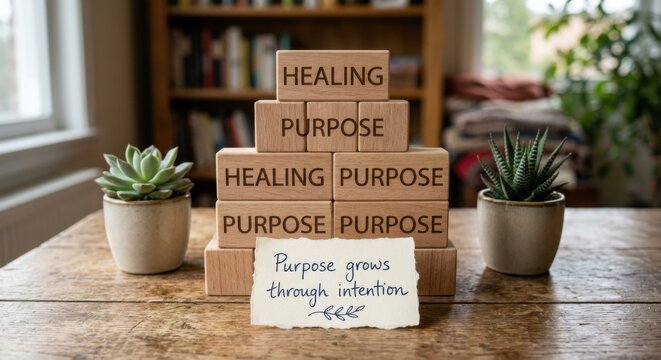 Wooden Blocks Displaying 'Healing' and 'Purpose' With Handwritten Note